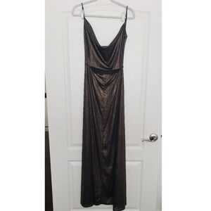 Lucy in the Sky Metallic Bronze Cowl Neck Maxi Dress Slit M